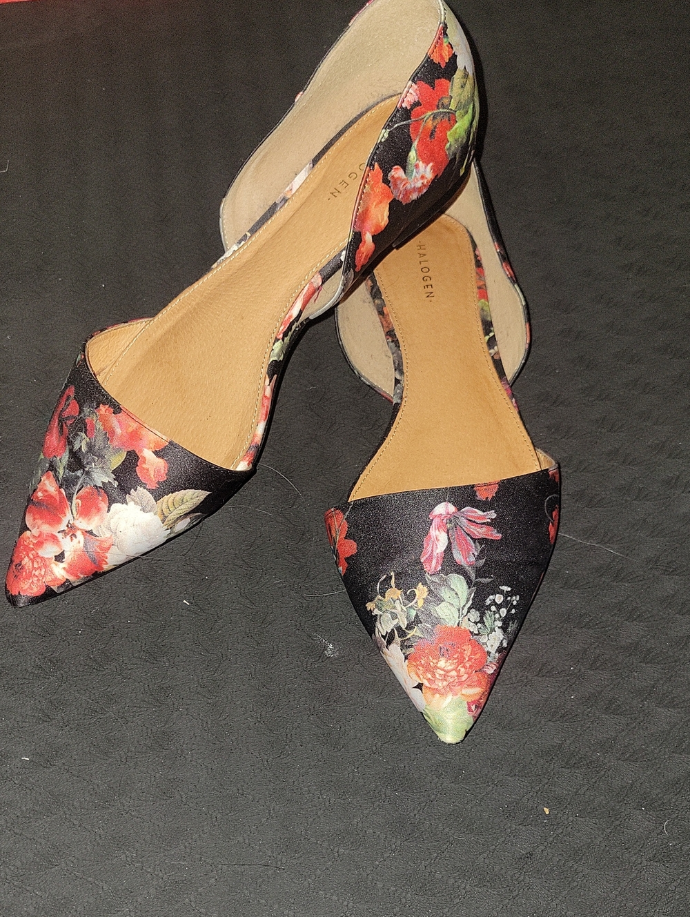 Halogen Black Floral Pointed D'Orsay Flats with Red & Green Accents 9